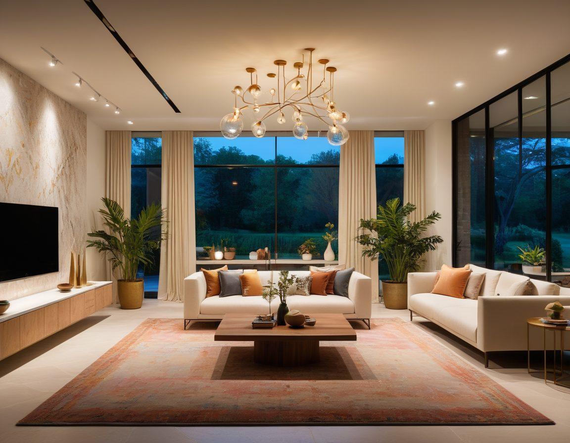 A modern living room featuring an array of innovative light fixtures including pendant lights, wall sconces, and LED strip lighting, casting warm and inviting shadows. The room is beautifully styled with plants, cozy furniture, and a sleek design aesthetic, illustrating how lighting transforms spaces. The setting has a twilight ambiance, enhancing the glow of the lights. vibrant colors. super-realistic.