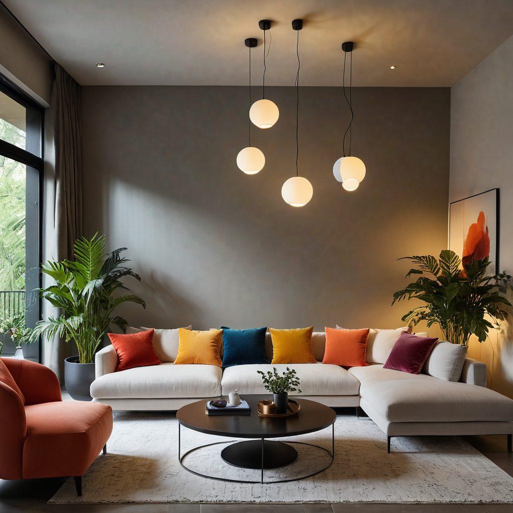 A cozy modern living room bathed in warm LED lighting, showcasing different stylish light fixtures such as pendant lights and floor lamps. Include relaxing furniture arrangements and lush indoor plants to create an inviting atmosphere. Highlight the interplay of light and shadow on the walls, demonstrating various LED color temperatures. super-realistic. vibrant colors. warm tones.