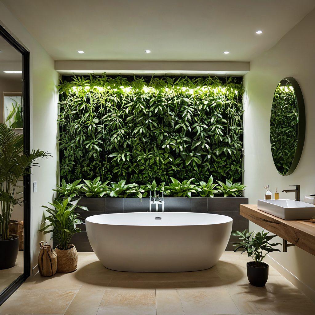 A serene room illuminated by soft, warm LED lights, highlighting eco-friendly decor made from natural materials. Include stylish plants and innovative energy-efficient fixtures, showcasing a harmonious blend of modern design and sustainability. The ambiance should suggest relaxation and elegance while emphasizing a green lifestyle. Emphasize sleek lines and minimalism. super-realistic. vibrant colors. natural lighting.